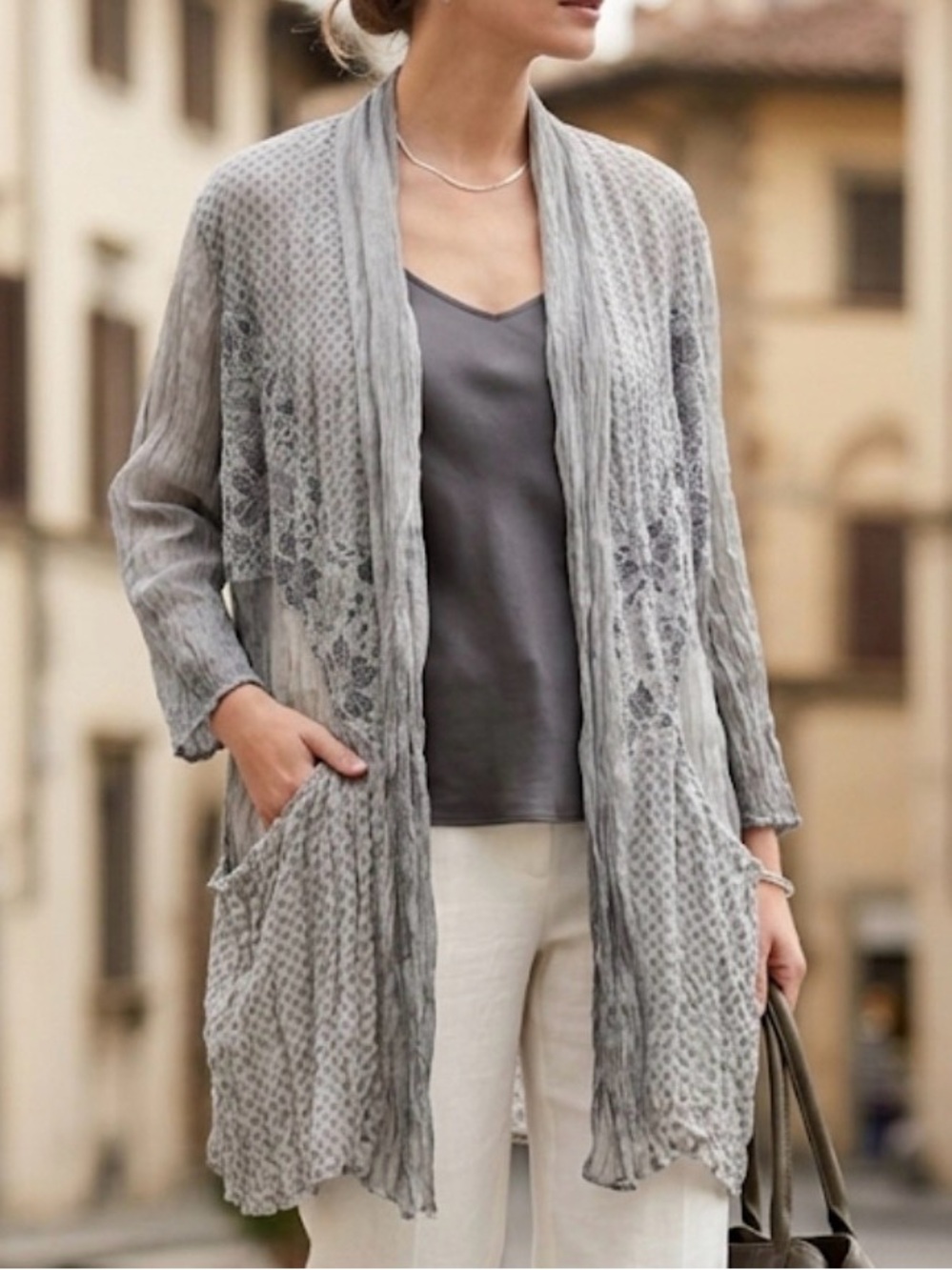 Chico’s Travelers Collection Crinkle Gauze Patchwork Cardigan Kimono Pockets
